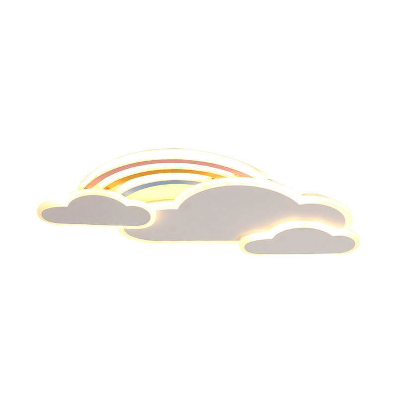 Rainbow Cloudy Ceiling Light - White/Pink Cartoon LED Flush-Mount Fixture, Warm/White Light
