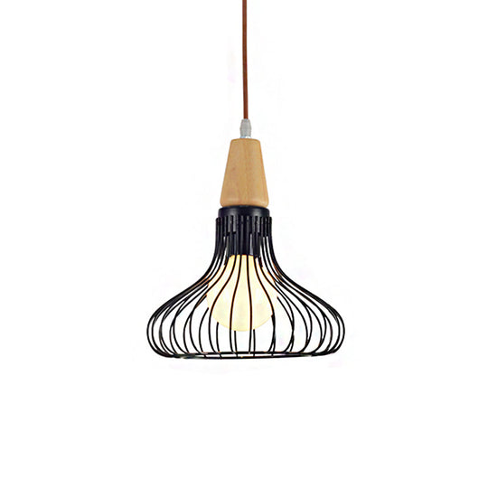 Vintage Metallic Cage Pendant Lamp With Black Finish And One Head For Ceiling Hanging -