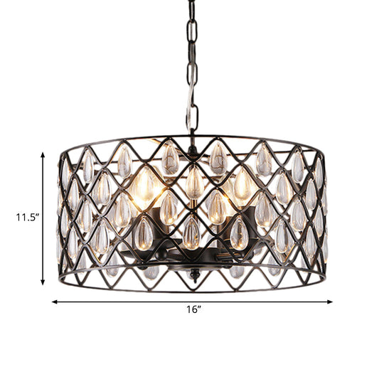 Industrial Black Metal Caged Pendant Lighting with Crystal Drop - Chandelier Lamp