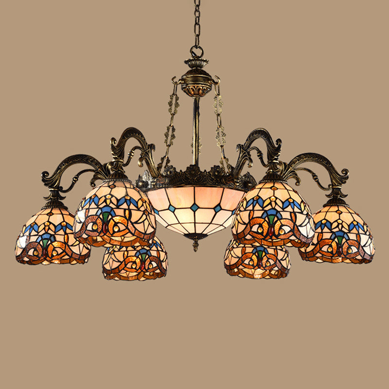 Mediterranean Tiffany-style Hanging Lamp with Baroque Stained Glass Shade and Aged Aluminum Treatment