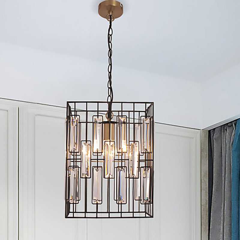 Industrial Metal Pendant Light with Black Cubic Cage & Crystal Accent - Ideal for Restaurants