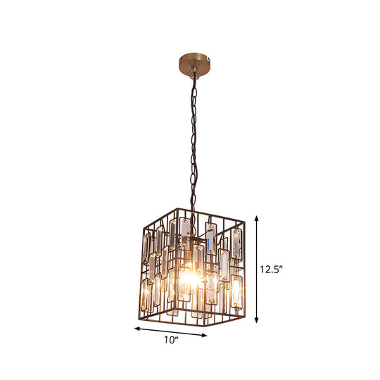 Industrial Metal Pendant Light with Black Cubic Cage & Crystal Accent - Ideal for Restaurants