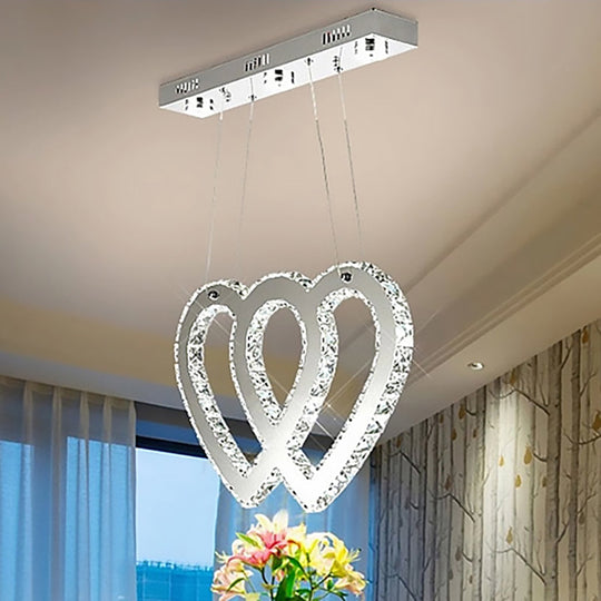 Contemporary Silver Double Heart Chandelier - Crystal LED Hanging Light for Dining Table