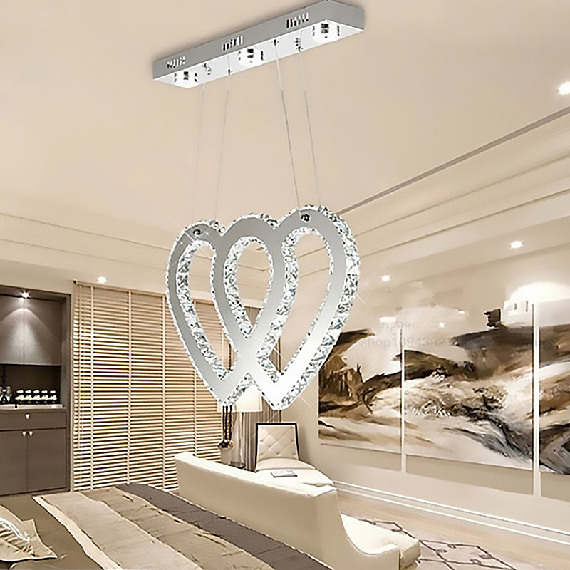 Contemporary Silver Double Heart Chandelier - Crystal LED Hanging Light for Dining Table