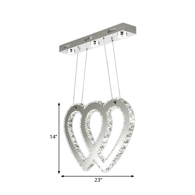 Contemporary Silver Double Heart Chandelier - Crystal LED Hanging Light for Dining Table