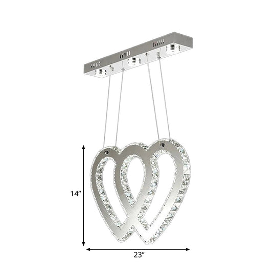 Contemporary Silver Double Heart Chandelier - Crystal LED Hanging Light for Dining Table