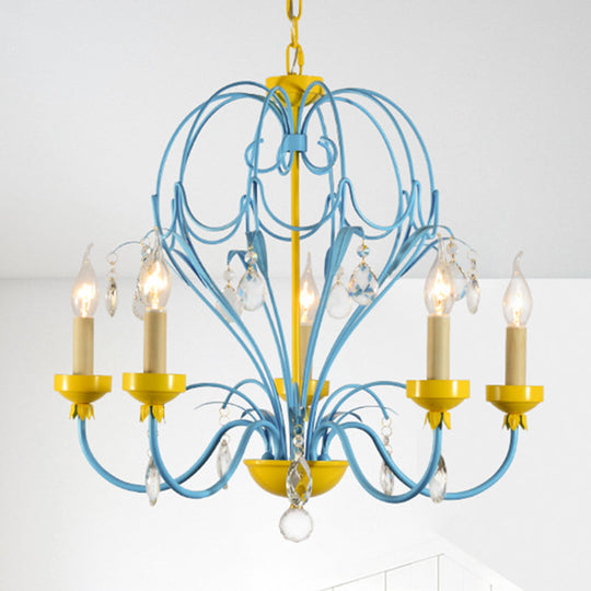 Children's Macaron Candle Chandelier Lamp with Crystal Drop - Yellow/Blue, Metallic Finish, 5 Lights