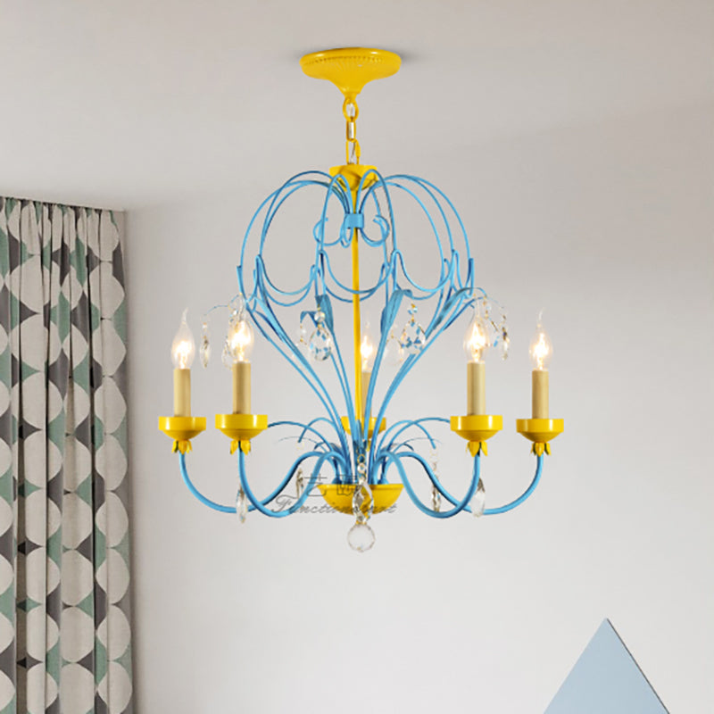 Children's Macaron Candle Chandelier Lamp with Crystal Drop - Yellow/Blue, Metallic Finish, 5 Lights