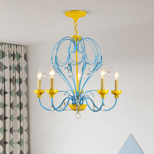 Children's Macaron Candle Chandelier Lamp with Crystal Drop - Yellow/Blue, Metallic Finish, 5 Lights