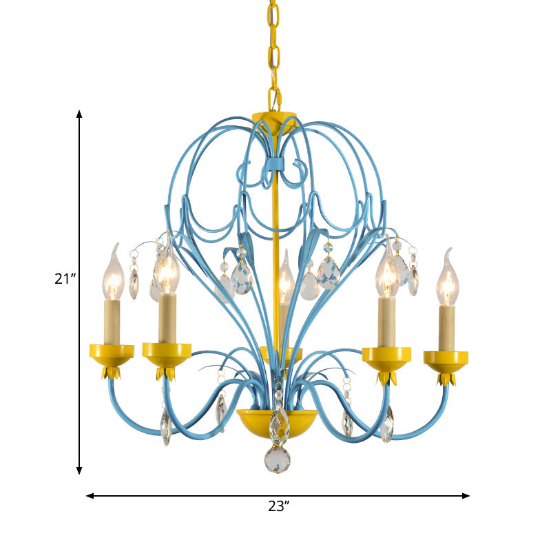 Children's Macaron Candle Chandelier Lamp with Crystal Drop - Yellow/Blue, Metallic Finish, 5 Lights
