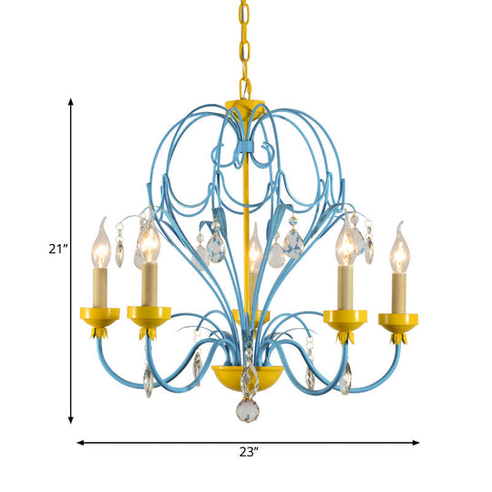 Children's Macaron Candle Chandelier Lamp with Crystal Drop - Yellow/Blue, Metallic Finish, 5 Lights