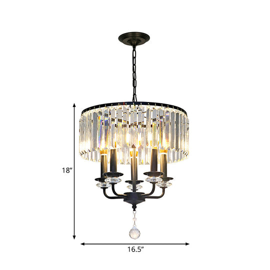 Black Modernist Crystal Block Chandelier with Drum Shade - 5 Light Suspension Lamp