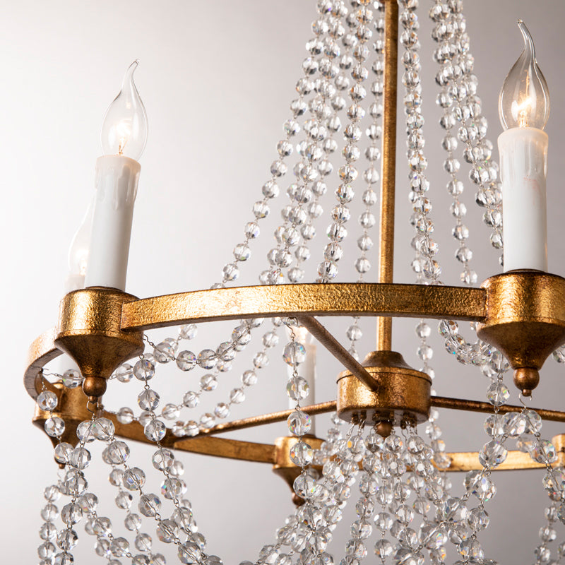 French Country Crystal Chandelier with 6 Lights in Antique Brass Finish