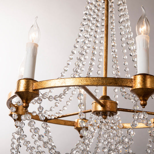 French Country Crystal Chandelier with 6 Lights in Antique Brass Finish