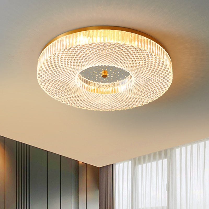 Modern Brass Led Flush Mount Ceiling Light With Crystal Lattice Detail - Minimalist Bedroom Fixture