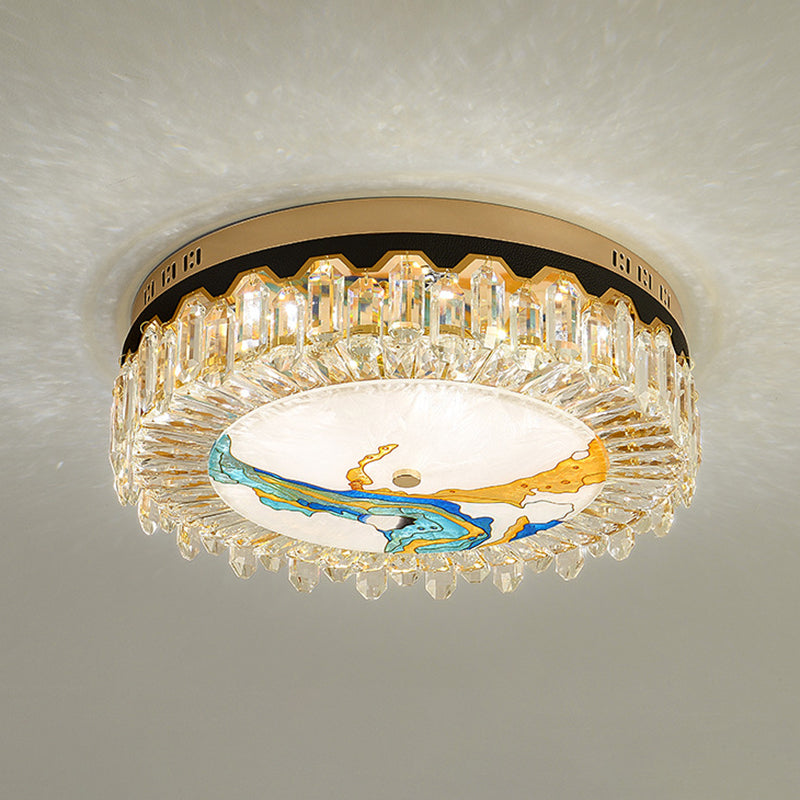 Modern Crystal Block Drum Flush Mount Led Ceiling Light For Bedroom In Brass Finish Turquoise