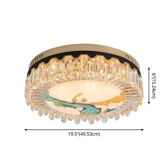 Modern Crystal Block Drum Flush Mount Led Ceiling Light For Bedroom In Brass Finish