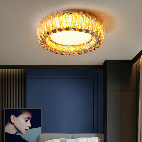 Minimalist Crystal Chrome Led Flush Ceiling Light: Donut Shaped For Bedroom