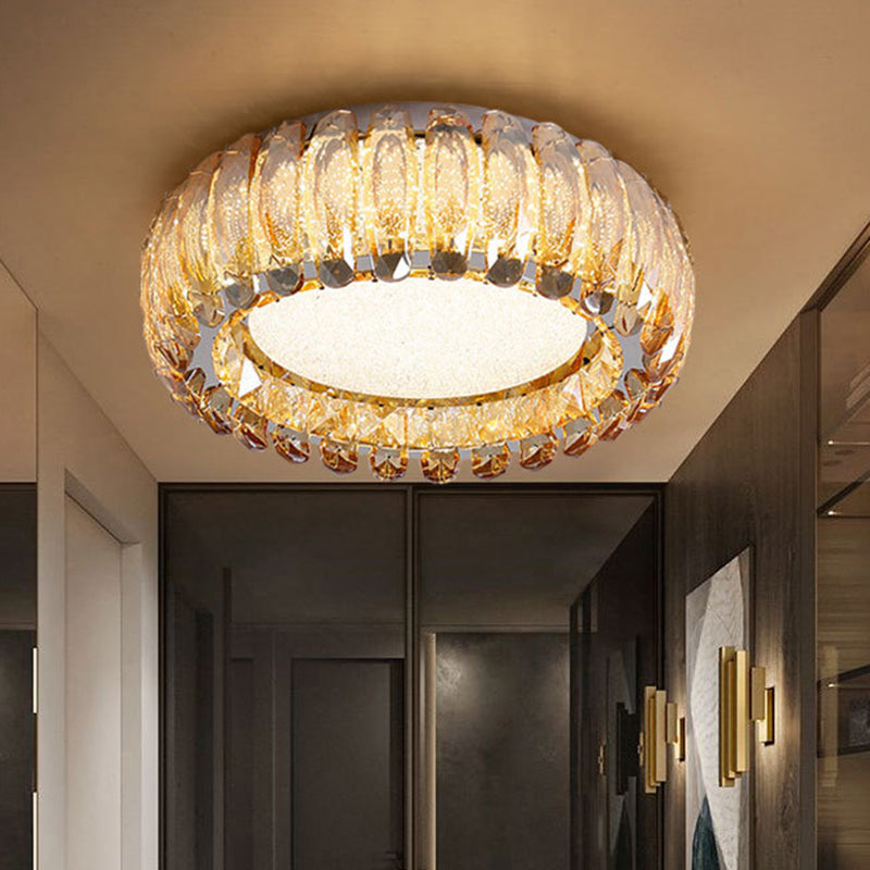 Minimalist Crystal Chrome Led Flush Ceiling Light: Donut Shaped For Bedroom