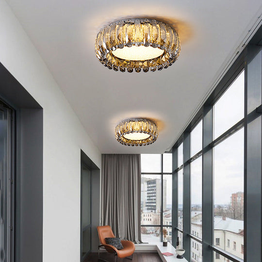 Minimalist Crystal Chrome Led Flush Ceiling Light: Donut Shaped For Bedroom