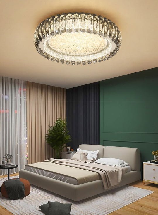 Minimalist Crystal Chrome Led Flush Ceiling Light: Donut Shaped For Bedroom