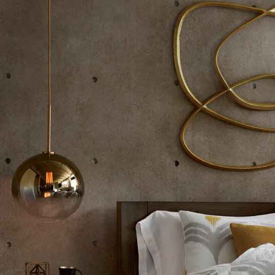 Modern Glass Pendant Light Fixture For Bedroom - Gold Sphere Ceiling Hanging Lamp