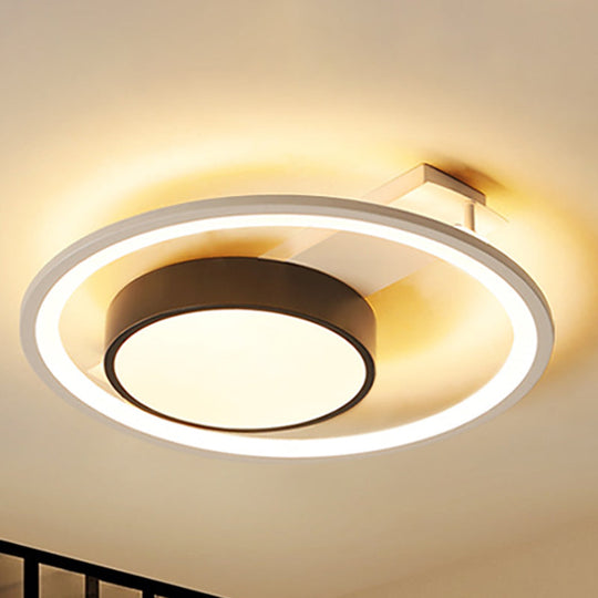 Modern Black and White LED Ceiling Light: Simple Drum Flush Lamp with Halo Ring, 16"/19.5" Wide