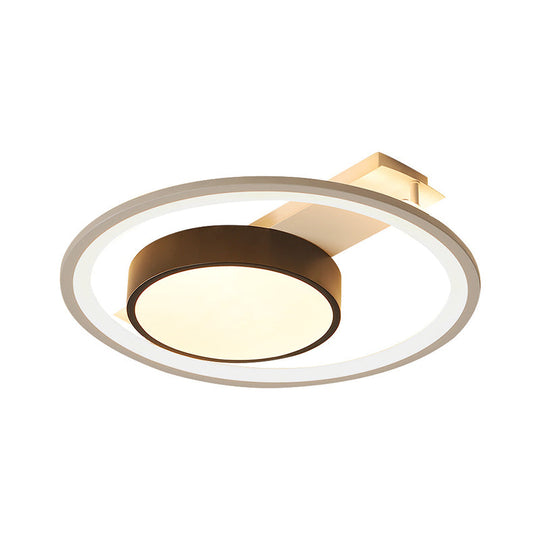 Modern Black and White LED Ceiling Light: Simple Drum Flush Lamp with Halo Ring, 16"/19.5" Wide