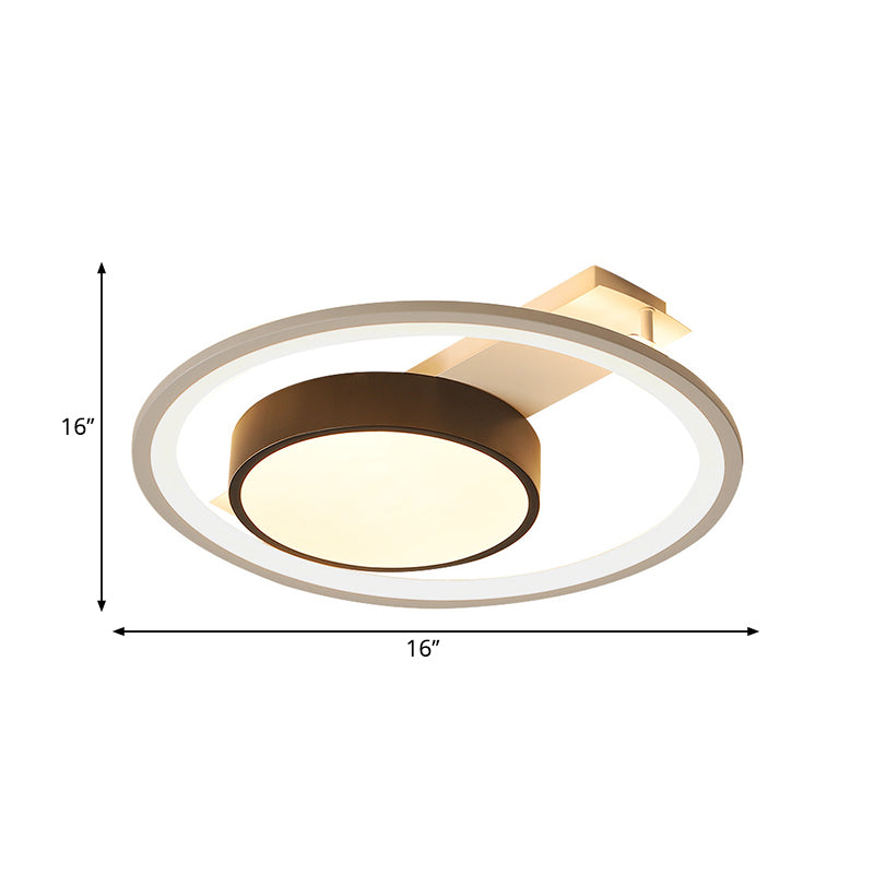 Modern Black and White LED Ceiling Light: Simple Drum Flush Lamp with Halo Ring, 16"/19.5" Wide