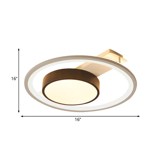 Modern Black and White LED Ceiling Light: Simple Drum Flush Lamp with Halo Ring, 16"/19.5" Wide