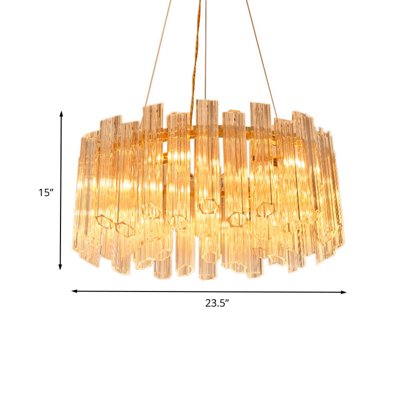 Modern Circular Chandelier: Ridged Clear Crystal, 8 Heads, Gold Hanging Light Fixture