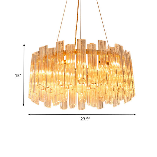 Modern Circular Chandelier: Ridged Clear Crystal, 8 Heads, Gold Hanging Light Fixture