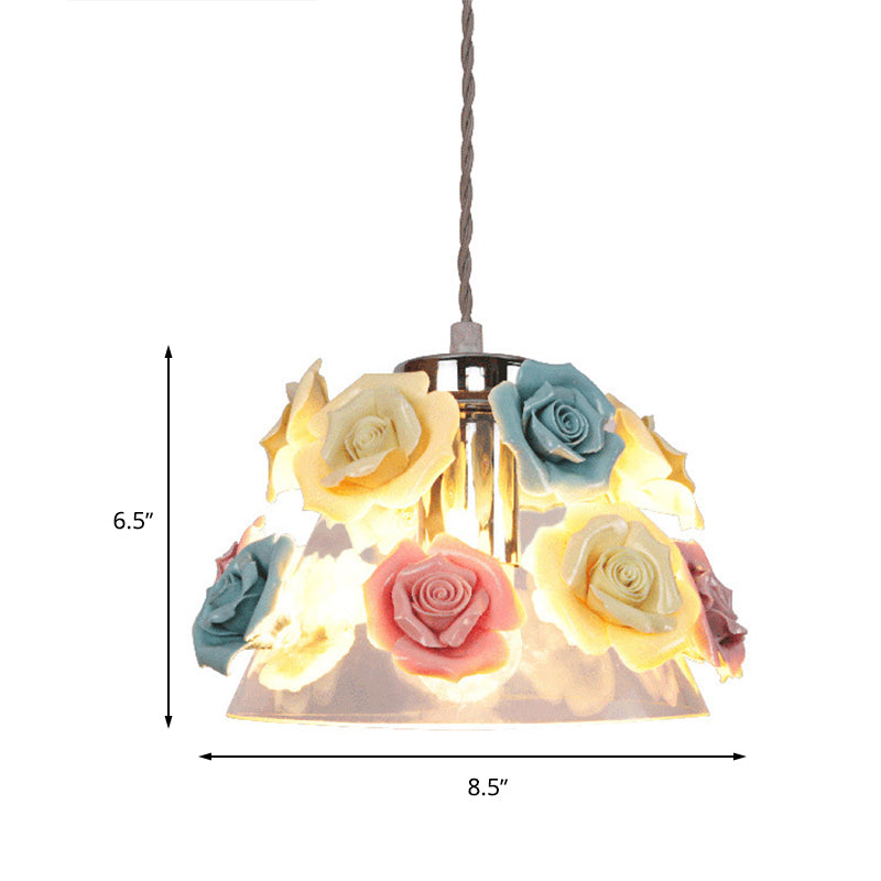 Stylish Clear Glass Cone Pendant Ceiling Light With Ceramic Flower Design
