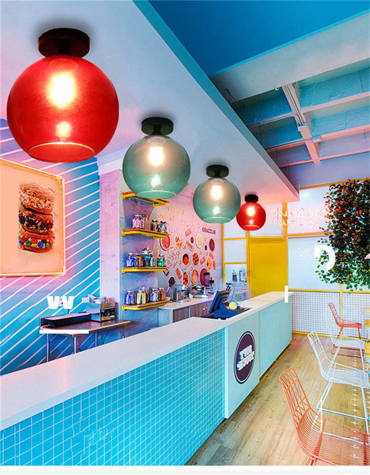 Modern Glass Semi Flush Mount Ceiling Light With Spherical Shade For Hallway
