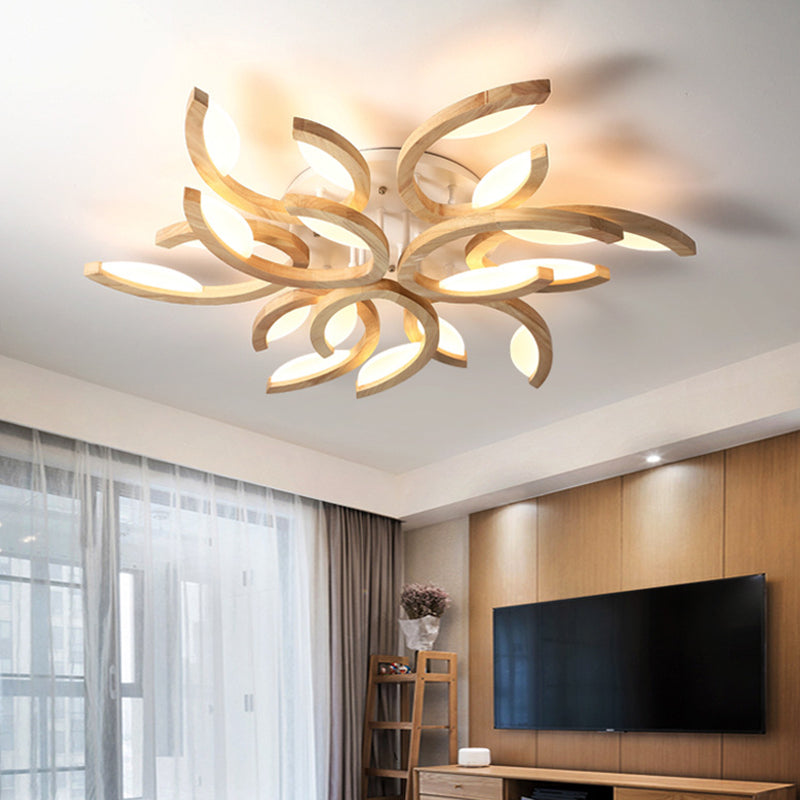 Floral Led Ceiling Lamp - Modern Wood Semi Flush Mount Light For Living Room