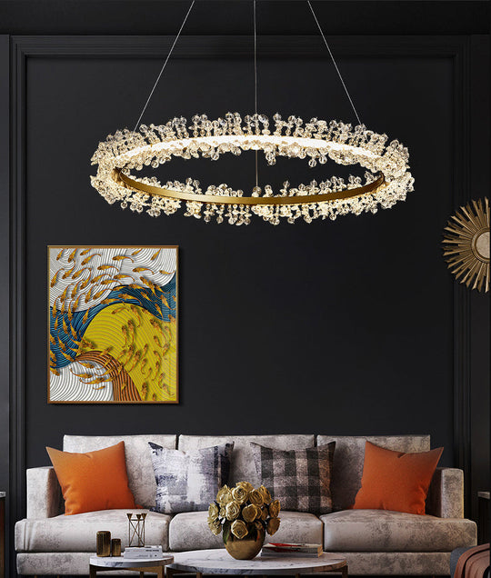 Minimalist Gold Chandelier Led Pendant Light For Bedroom - K9 Crystal Round Suspension Design