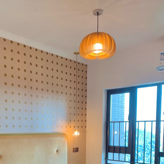 Basswood Pumpkin Pendant Light - Modern Wooden Hanging Lamp