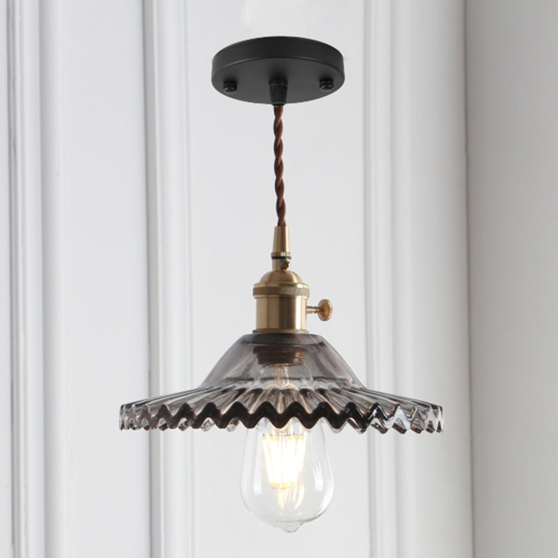 8.66 Industrial Brass Pendant Light With Scalloped Glass Shade For Coffee Shop Black / Smoke Grey