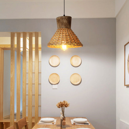 Bamboo Weave Pendant Light - Asian Style 1-Light Wooden Hanging Lamp For Bedroom