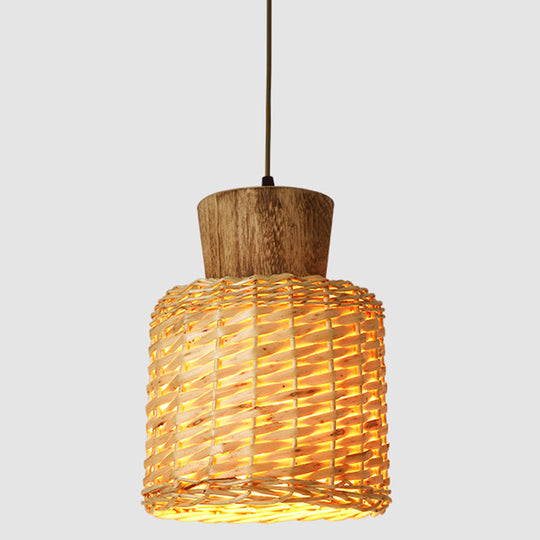 Bamboo Weave Pendant Light - Asian Style 1-Light Wooden Hanging Lamp For Bedroom Wood / Cylinder
