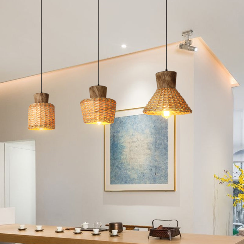 Bamboo Weave Pendant Light - Asian Style 1-Light Wooden Hanging Lamp For Bedroom