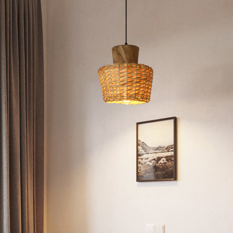 Bamboo Weave Pendant Light - Asian Style 1-Light Wooden Hanging Lamp For Bedroom
