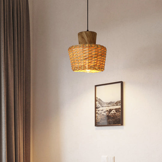 Bamboo Weave Pendant Light - Asian Style 1-Light Wooden Hanging Lamp For Bedroom