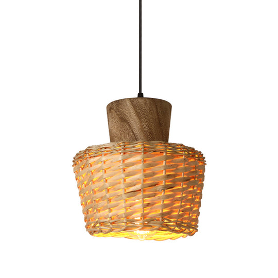 Bamboo Weave Pendant Light - Asian Style 1-Light Wooden Hanging Lamp For Bedroom