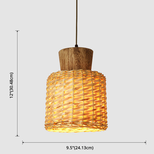 Bamboo Weave Pendant Light - Asian Style 1-Light Wooden Hanging Lamp For Bedroom