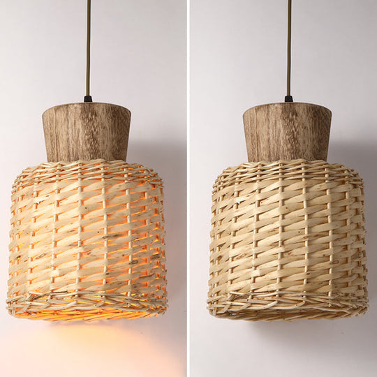Bamboo Weave Pendant Light - Asian Style 1-Light Wooden Hanging Lamp For Bedroom
