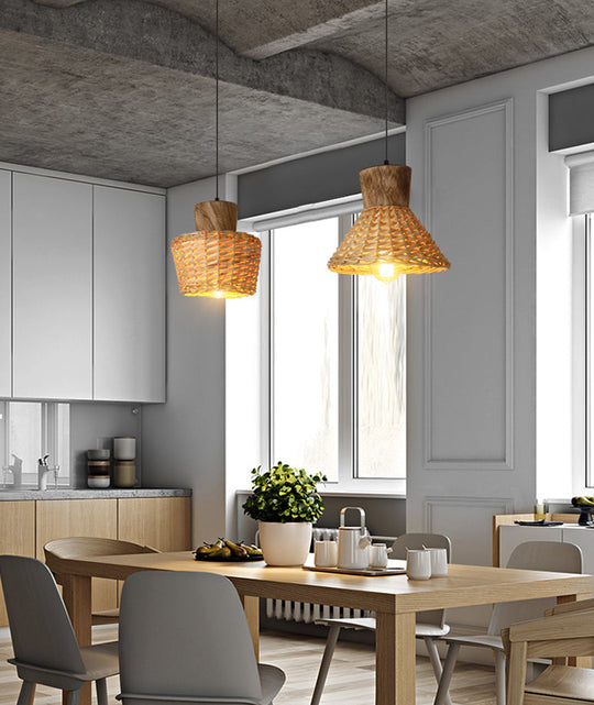 Bamboo Weave Pendant Light - Asian Style 1-Light Wooden Hanging Lamp For Bedroom