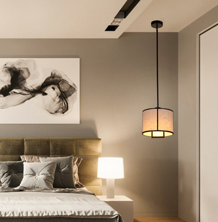 Minimalist Single-Light Fabric Drum Pendant For Living Room With 47 Carbon Steel Rod