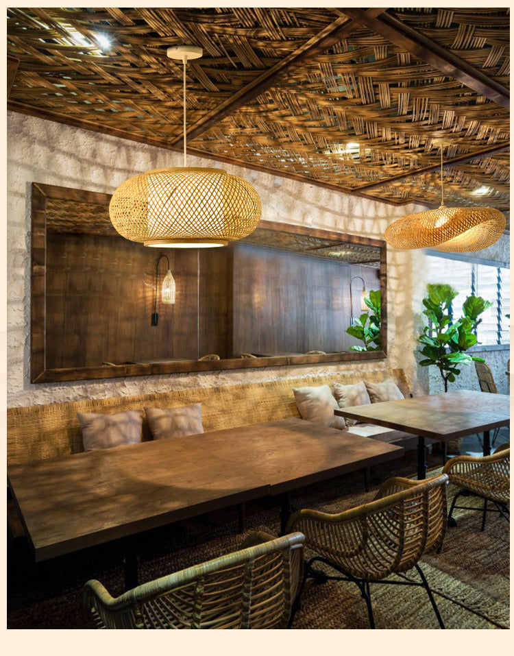 Asian Style Bamboo & Rattan Weaving Drum Pendant Lamp Beige