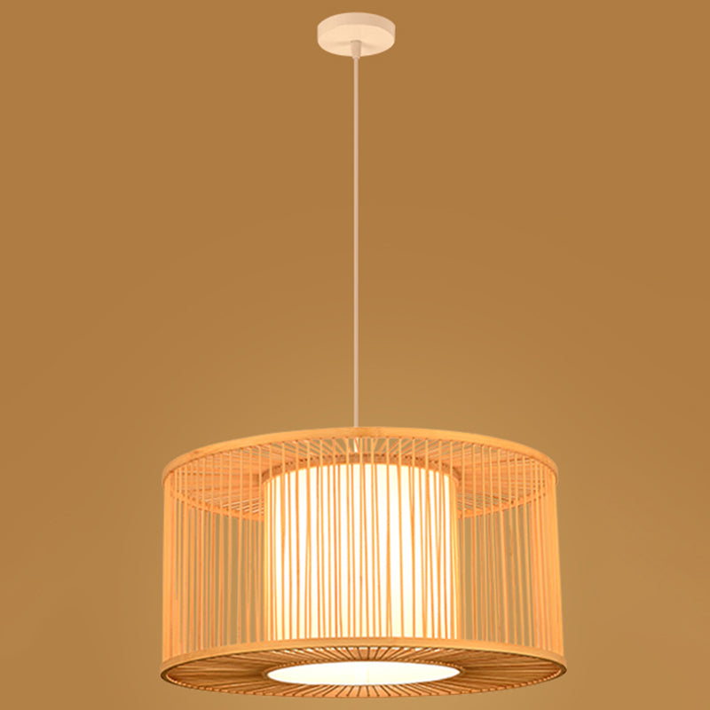Asian Style Simplicity Pendant Lamp - Double Shade With Bamboo & Imitation Sheepskin Accent Wood /